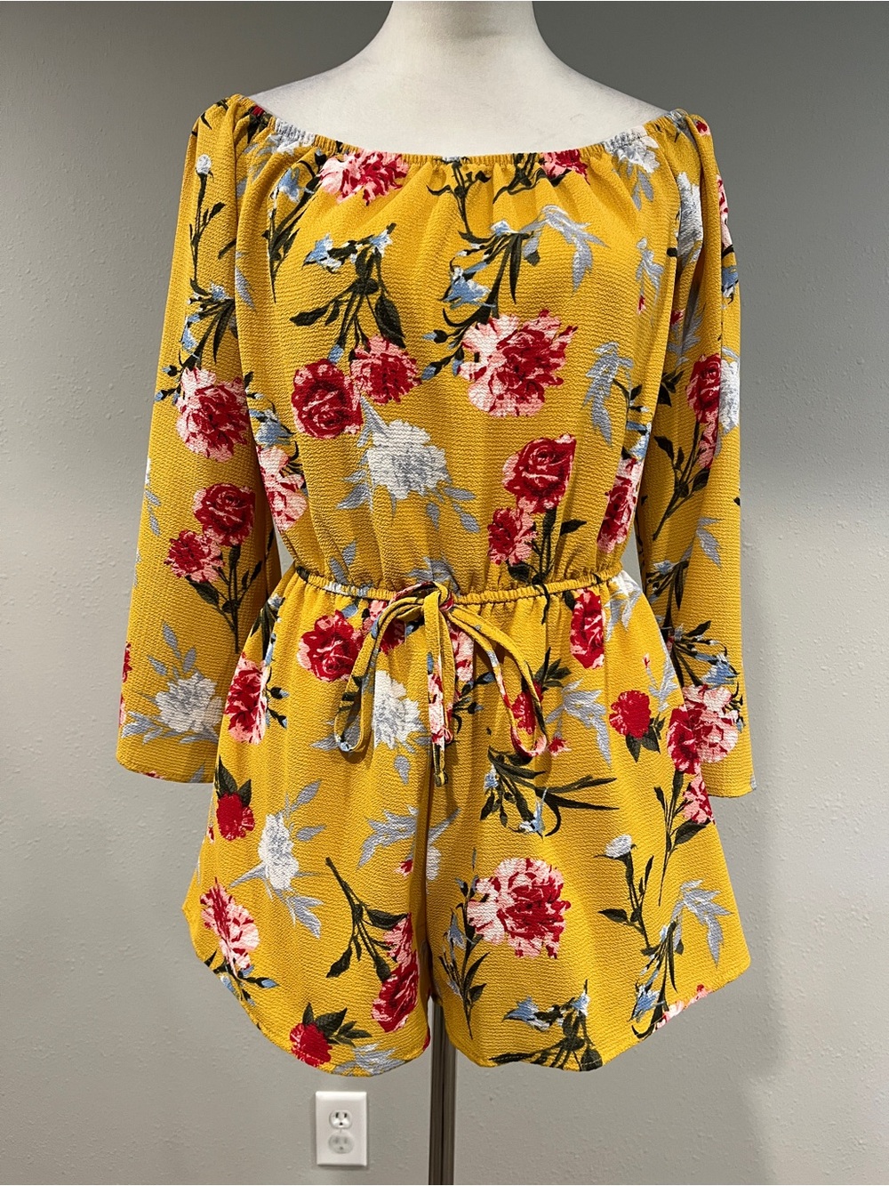 Rue21 Mustard Yellow Floral Off-Shoulder Romper with Tie Waist